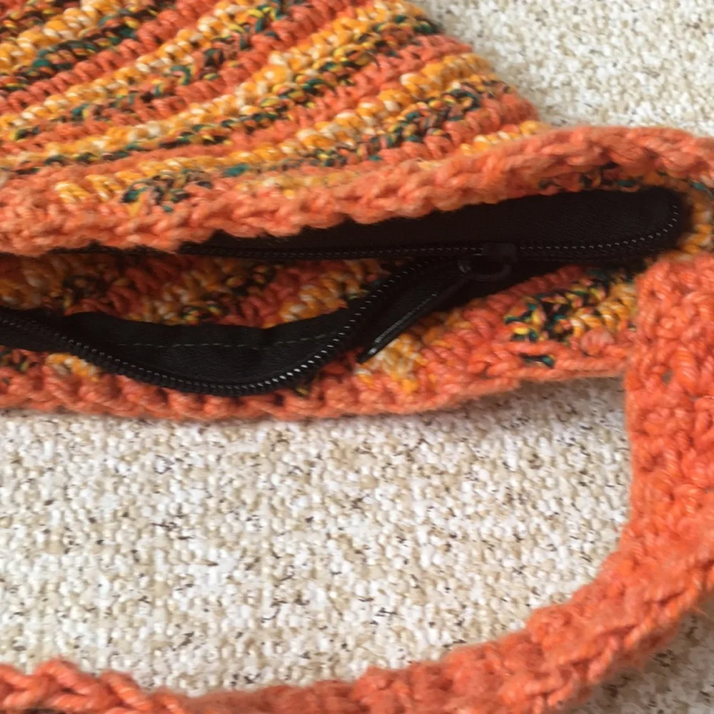 Vintage Macrame Crochet Hobo Bag Orange Yellow Green Festival Handmade - Picture 6 of 8